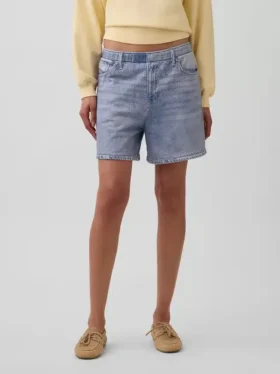 Pantalones cortos cómodos de tela de punto estampada estilo denim, de talle medio, de 5″
