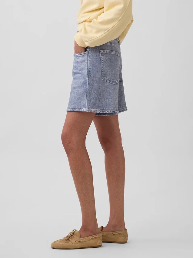 Pantalones cortos cómodos de tela de punto estampada estilo denim, de talle medio, de 5"
