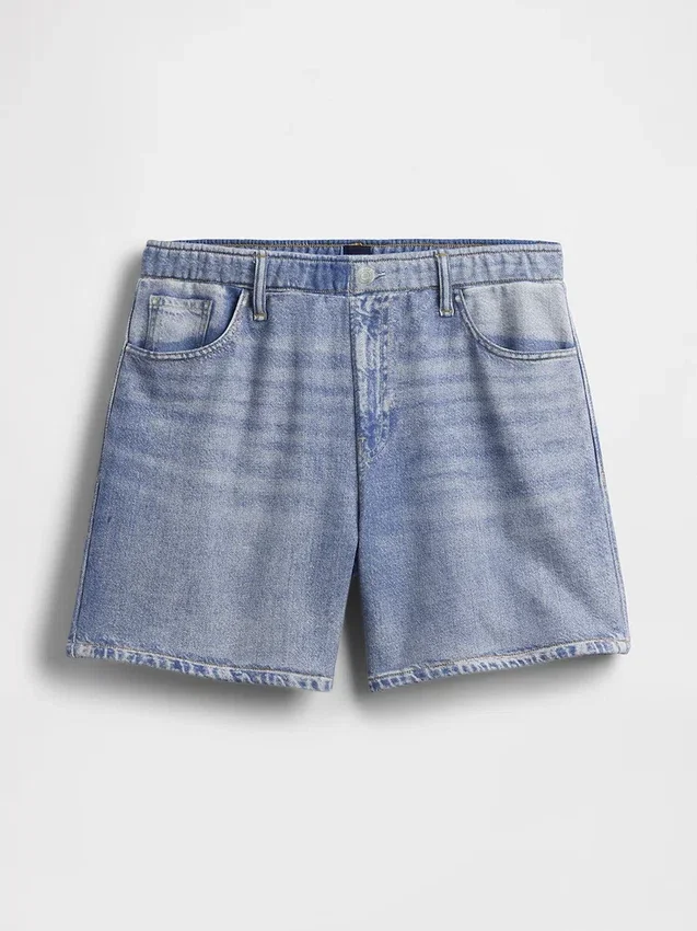 Pantalones cortos cómodos de tela de punto estampada estilo denim, de talle medio, de 5"