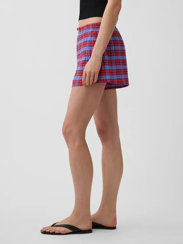 Pantalones cortos de 4" con estampado de cuadros en tela seersucker