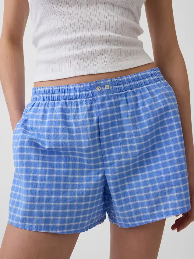 Pantalones cortos de 4" con estampado de cuadros en tela seersucker