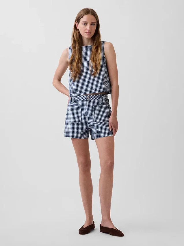 Pantalones cortos de mezclilla de corte recto holgado con estampado de cuadros vichy y talle alto de 3.5"