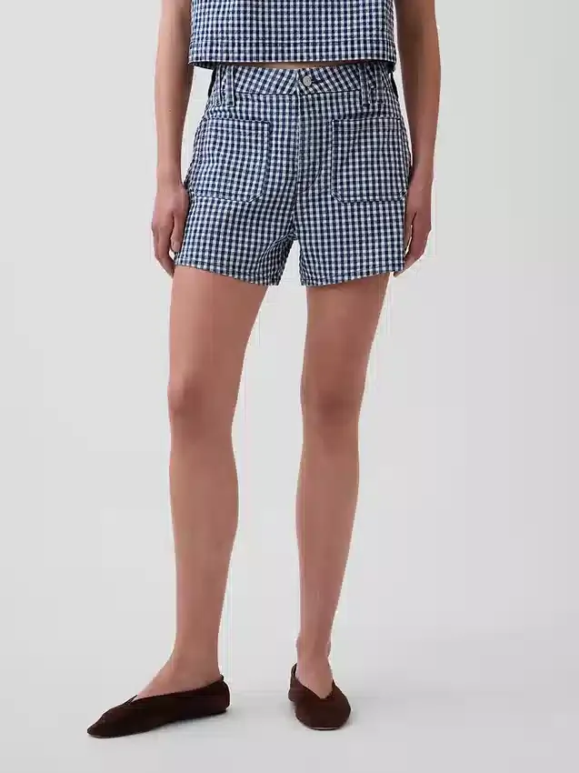 Pantalones cortos de mezclilla de corte recto holgado con estampado de cuadros vichy y talle alto de 3.5"