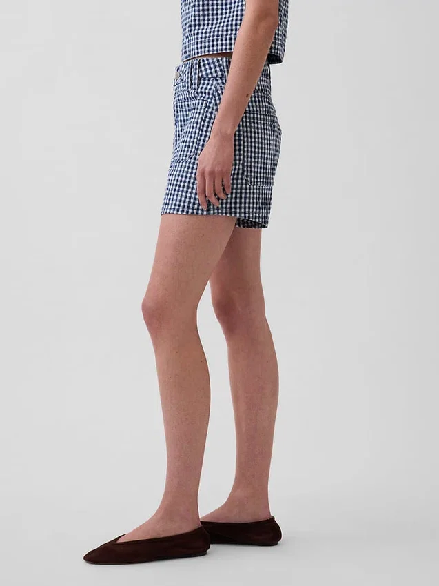 Pantalones cortos de mezclilla de corte recto holgado con estampado de cuadros vichy y talle alto de 3.5"