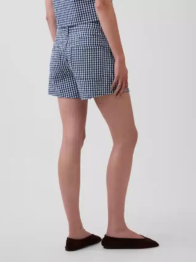 Pantalones cortos de mezclilla de corte recto holgado con estampado de cuadros vichy y talle alto de 3.5"