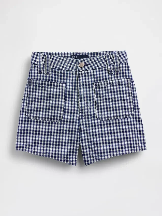 Pantalones cortos de mezclilla de corte recto holgado con estampado de cuadros vichy y talle alto de 3.5"