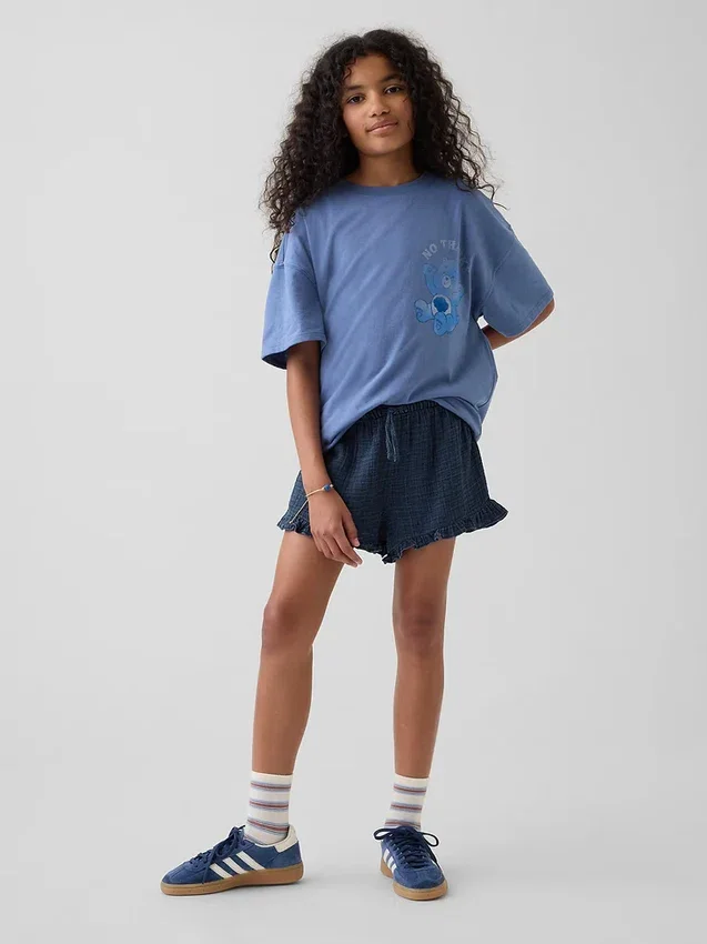 Pantalones cortos de mezclilla de gasa de algodón para niños con volantes