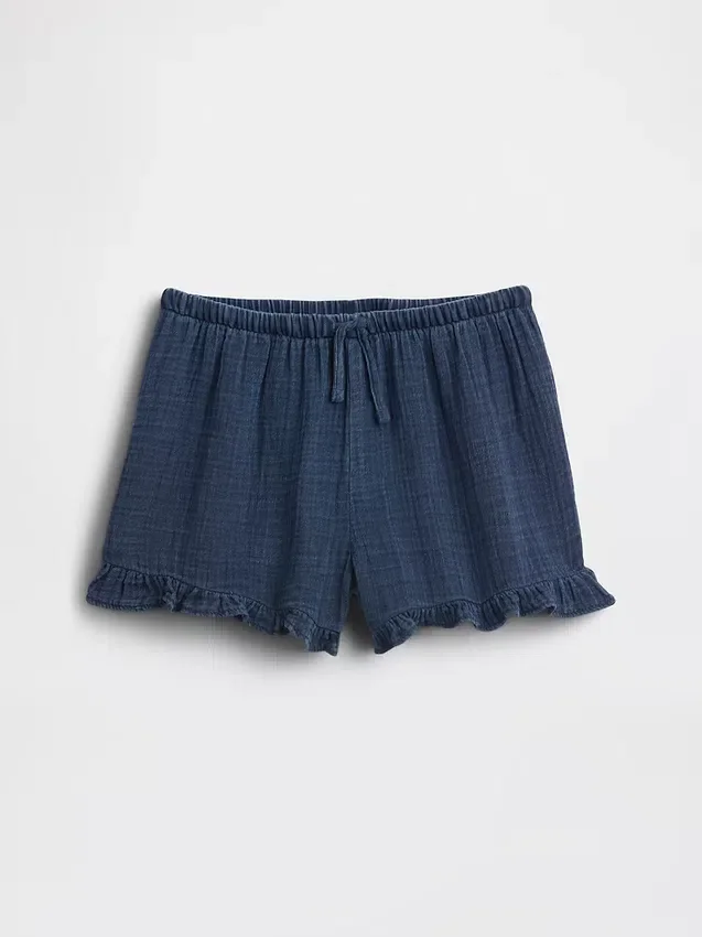 Pantalones cortos de mezclilla de gasa de algodón para niños con volantes