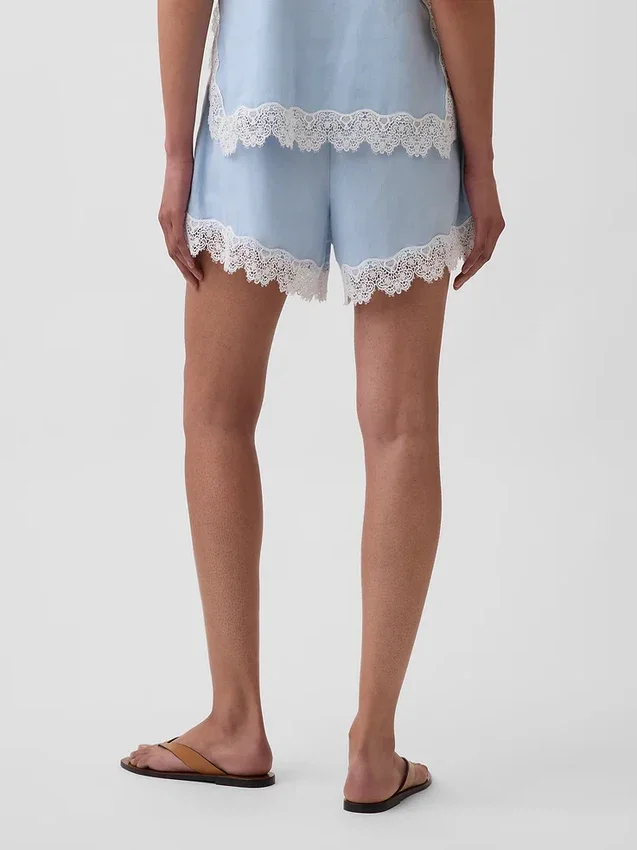 Pantalones cortos de talle medio de 4" con ribete de encaje y mezcla de lino