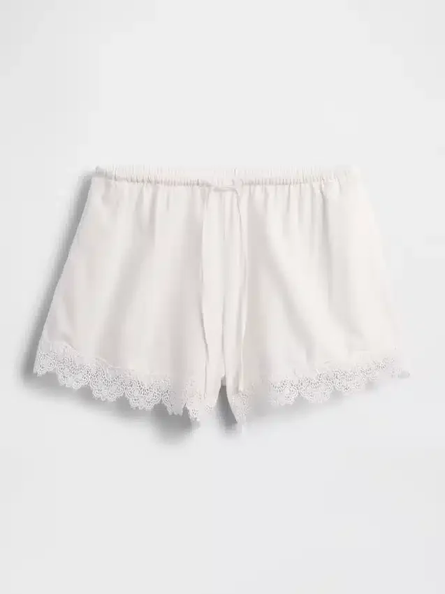 Pantalones cortos de talle medio de 4" con ribete de encaje y mezcla de lino