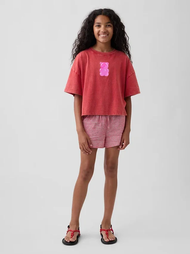 Pantalones cortos fáciles de poner de lino y algodón con estampado de cuadros vichy para niños