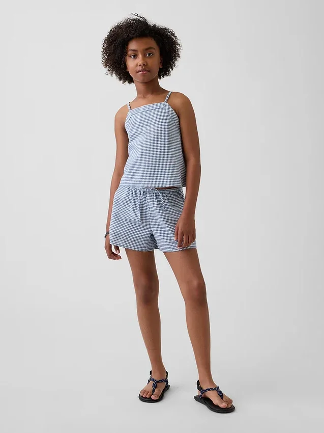 Pantalones cortos fáciles de poner de lino y algodón con estampado de cuadros vichy para niños
