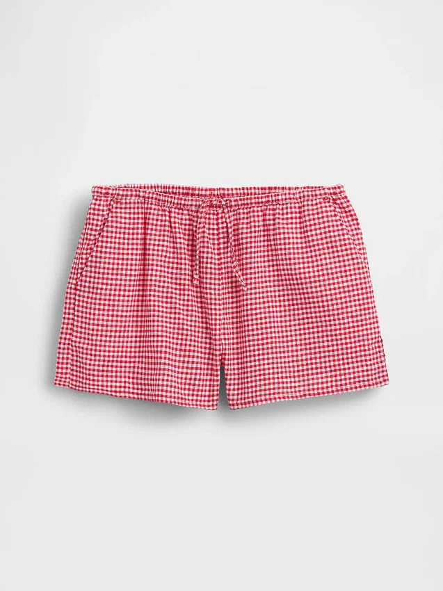 Pantalones cortos fáciles de poner de lino y algodón con estampado de cuadros vichy para niños