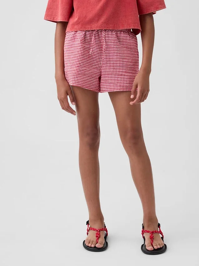 Pantalones cortos fáciles de poner de lino y algodón con estampado de cuadros vichy para niños