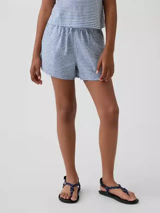 Pantalones cortos fáciles de poner de lino y algodón con estampado de cuadros vichy para niños