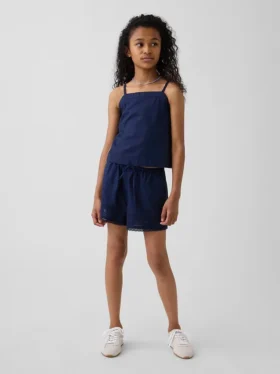 Pantalones cortos fáciles de poner para niños de lino y algodón con ribete de encaje