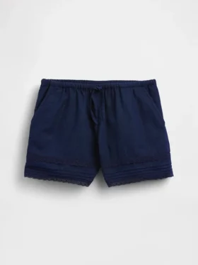 Pantalones cortos fáciles de poner para niños de lino y algodón con ribete de encaje