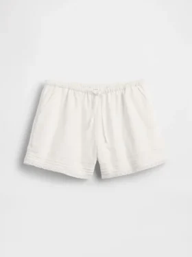 Pantalones cortos fáciles de poner para niños de lino y algodón con ribete de encaje