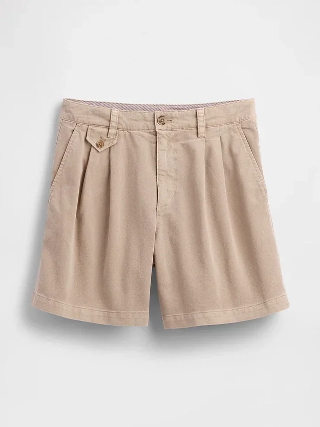 Pantalones cortos plisados de sarga de talle medio de 6"