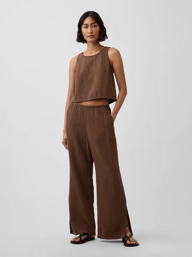 Pantalones de gasa de algodón con dobladillo abierto