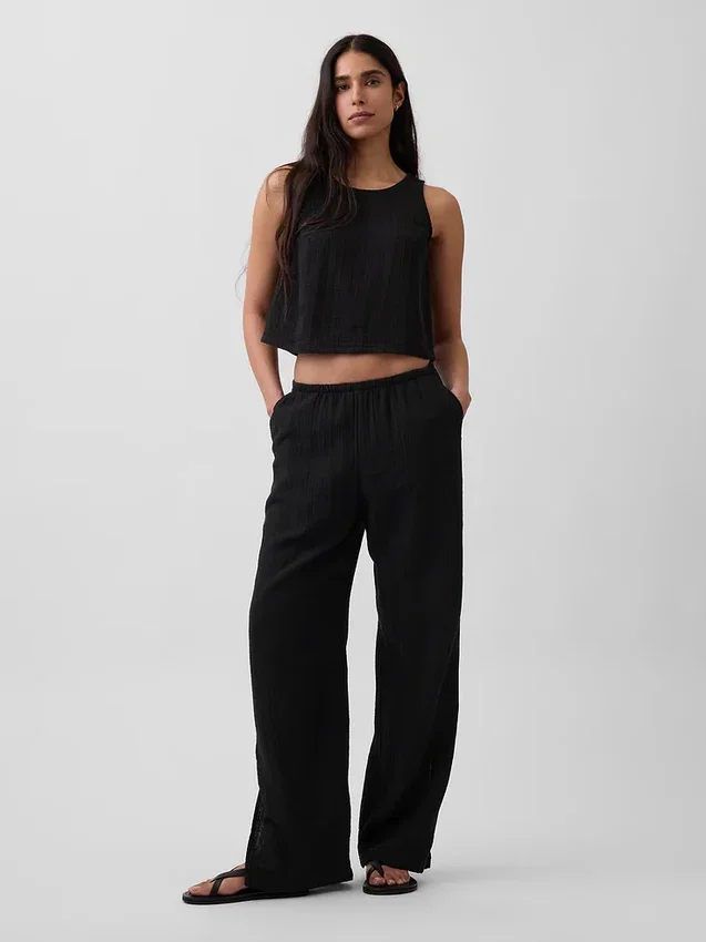 Pantalones de gasa de algodón con dobladillo abierto