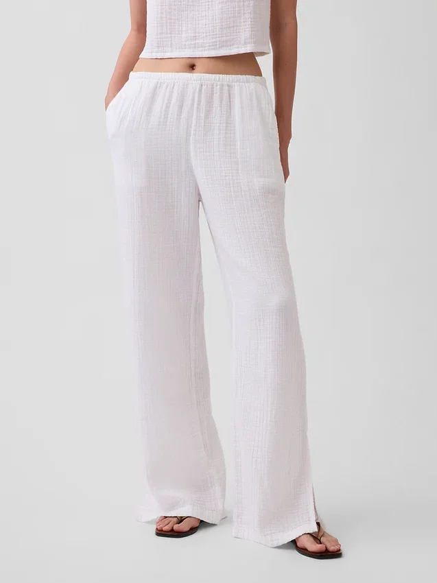 Pantalones de gasa de algodón con dobladillo abierto