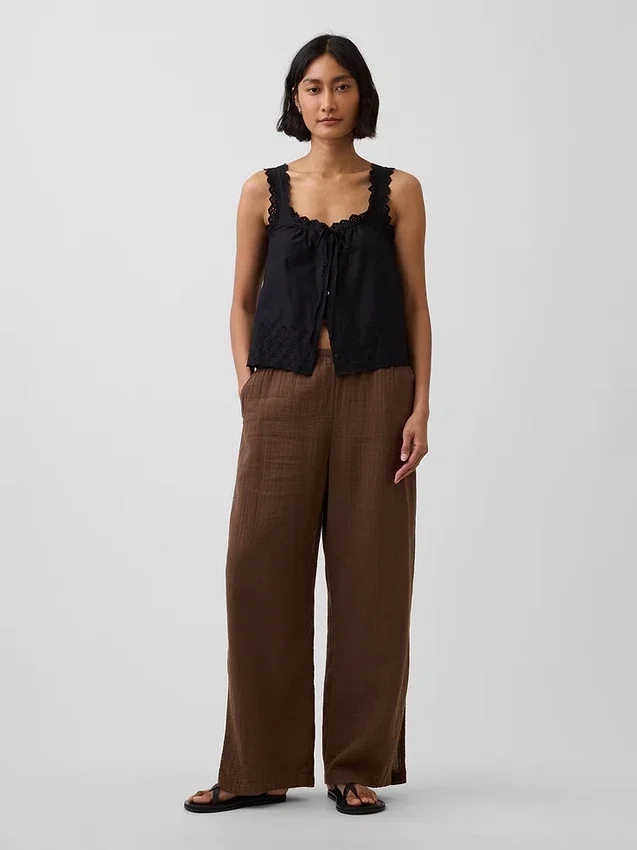 Pantalones de gasa de algodón con dobladillo abierto
