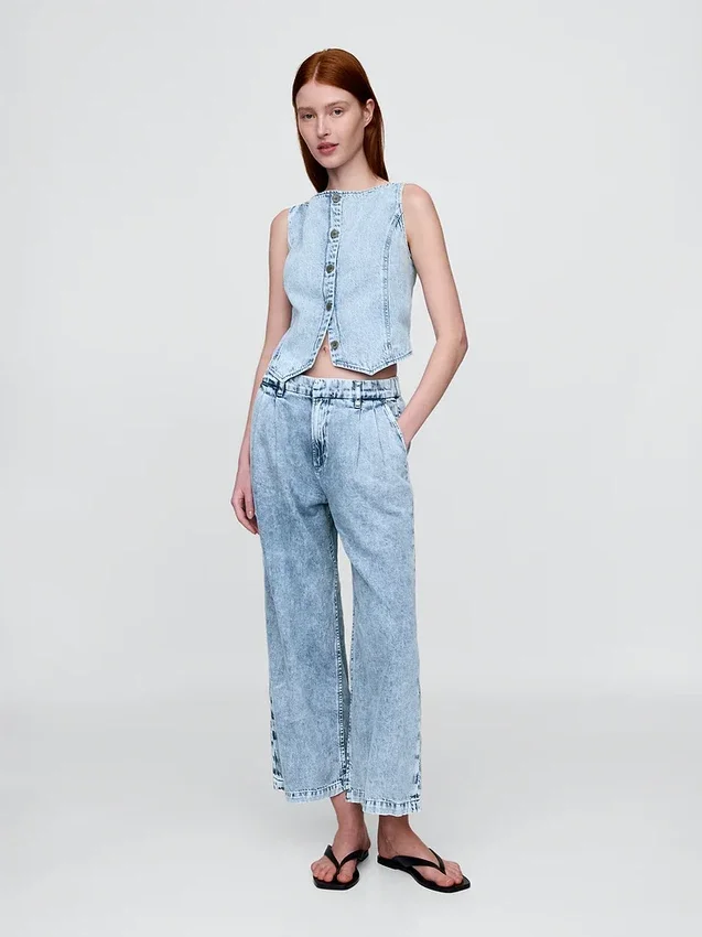 Pantalones de mezclilla de talle alto ultrasuaves con pliegues hasta el tobillo 365