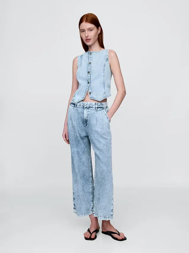 Pantalones de mezclilla de talle alto ultrasuaves con pliegues hasta el tobillo 365