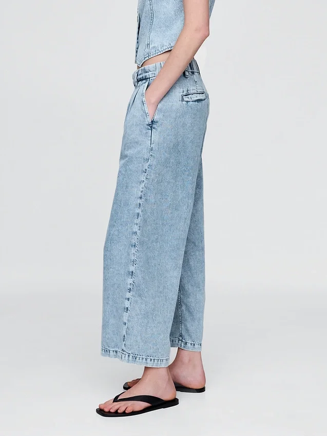 Pantalones de mezclilla de talle alto ultrasuaves con pliegues hasta el tobillo 365
