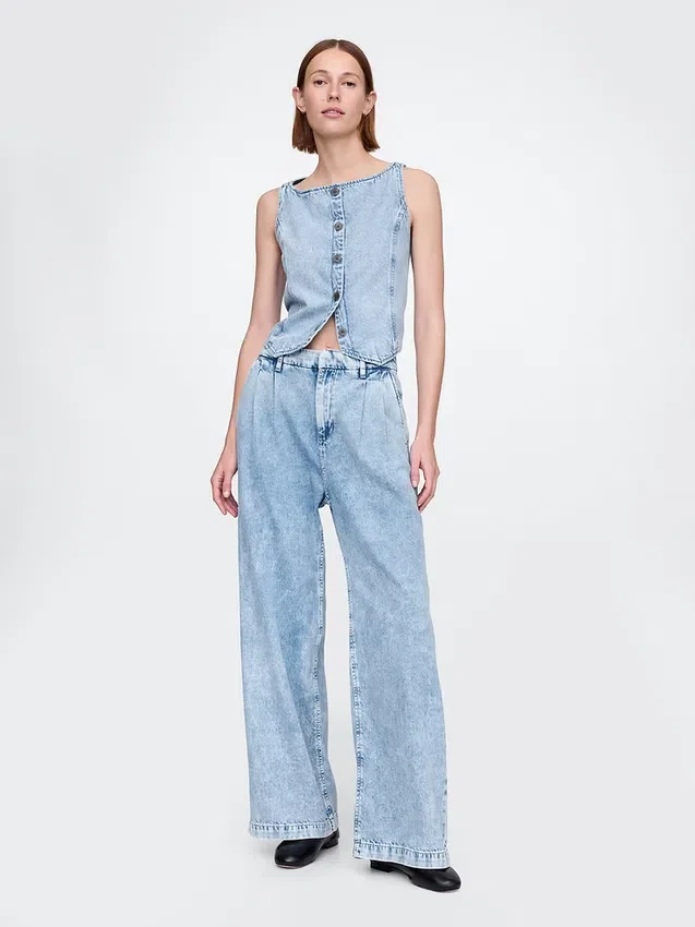 Pantalones de mezclilla plisados ultrasuaves de talle alto 365