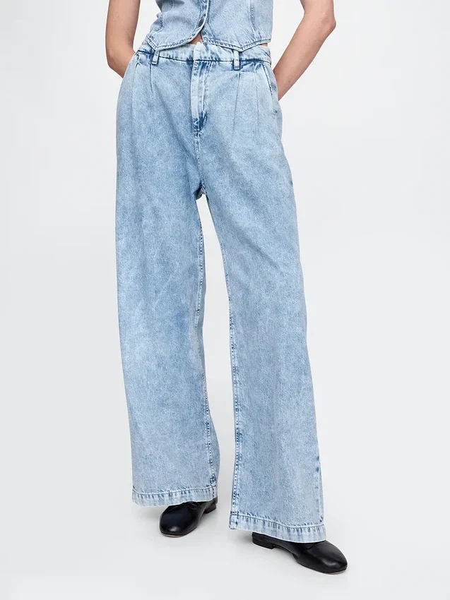Pantalones de mezclilla plisados ultrasuaves de talle alto 365
