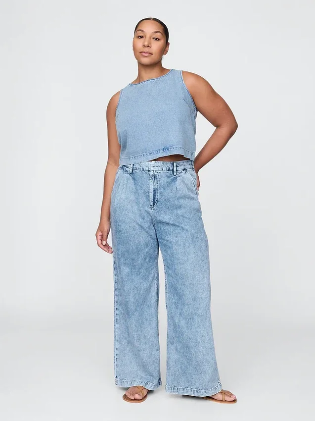 Pantalones de mezclilla plisados ultrasuaves de talle alto 365