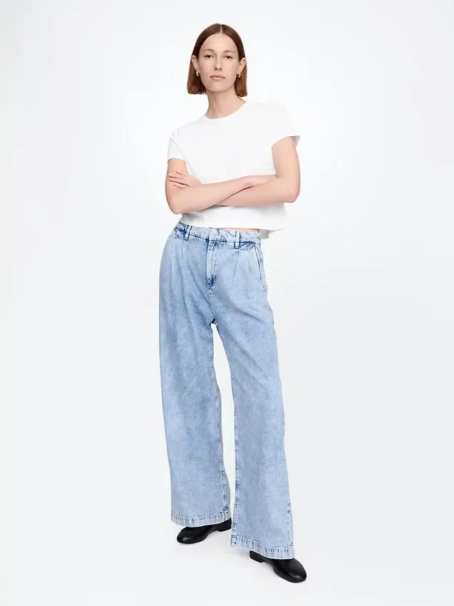 Pantalones de mezclilla plisados ultrasuaves de talle alto 365