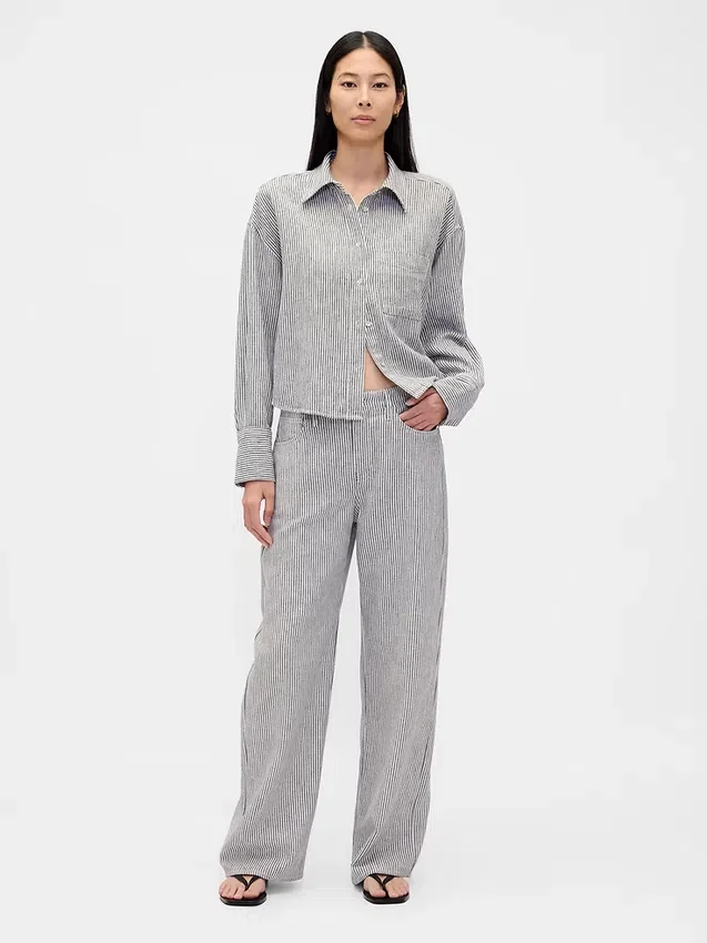 Pantalones de pierna ancha de mezcla de lino y algodón