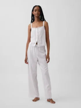 Pantalones de pijama de mezcla de lino con dobladillo de encaje