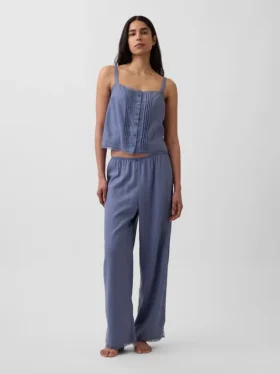 Pantalones de pijama de mezcla de lino con dobladillo de encaje