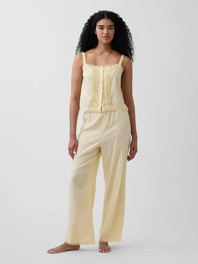 Pantalones de pijama de mezcla de lino con dobladillo de encaje