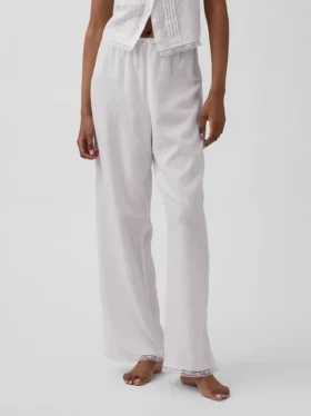 Pantalones de pijama de mezcla de lino con dobladillo de encaje