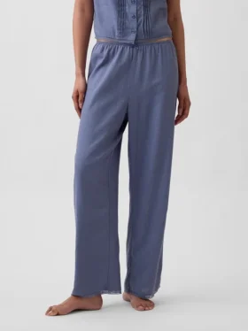 Pantalones de pijama de mezcla de lino con dobladillo de encaje
