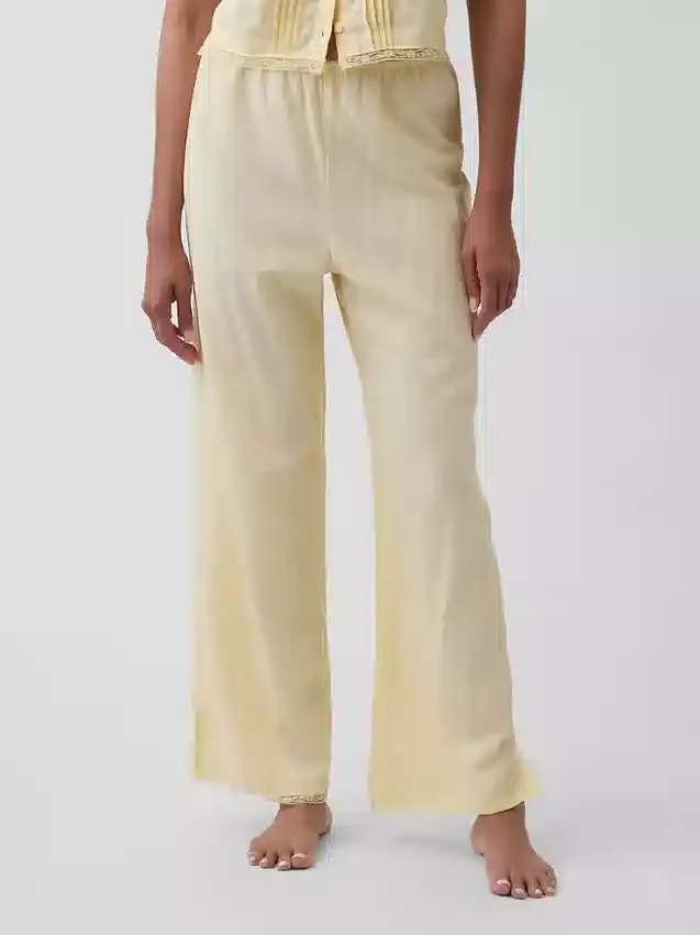 Pantalones de pijama de mezcla de lino con dobladillo de encaje