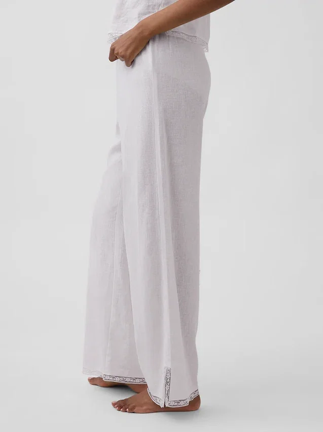 Pantalones de pijama de mezcla de lino con dobladillo de encaje