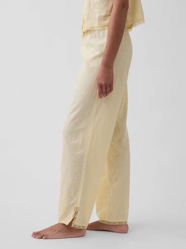 Pantalones de pijama de mezcla de lino con dobladillo de encaje