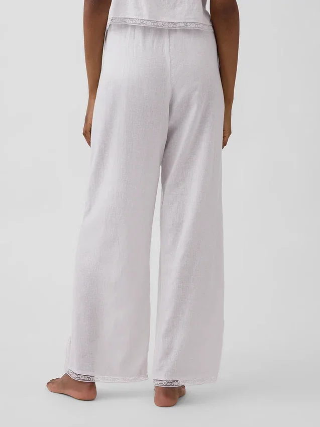 Pantalones de pijama de mezcla de lino con dobladillo de encaje