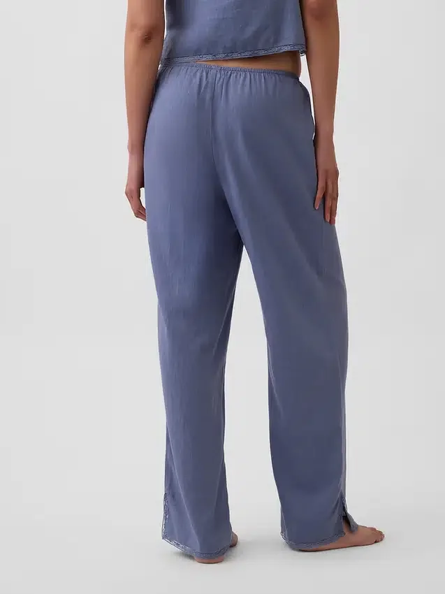 Pantalones de pijama de mezcla de lino con dobladillo de encaje