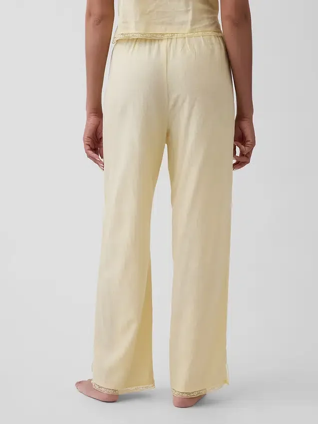 Pantalones de pijama de mezcla de lino con dobladillo de encaje