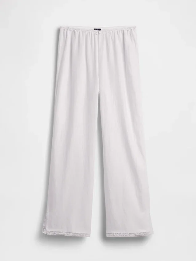 Pantalones de pijama de mezcla de lino con dobladillo de encaje