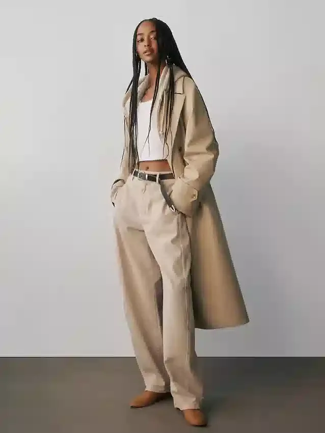 Pantalones de talle medio de sarga con corte de barril