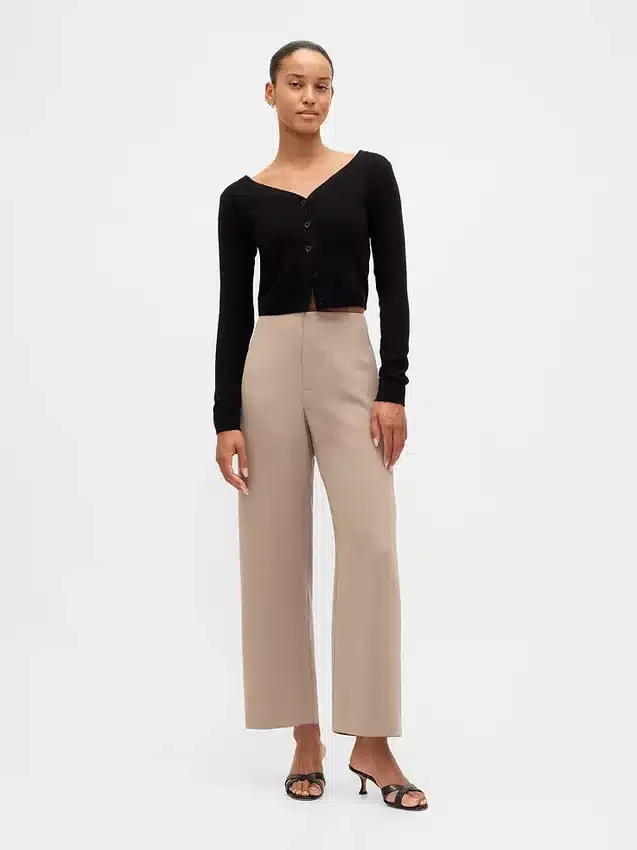 Pantalones rectos de cintura alta de sarga hasta el tobillo