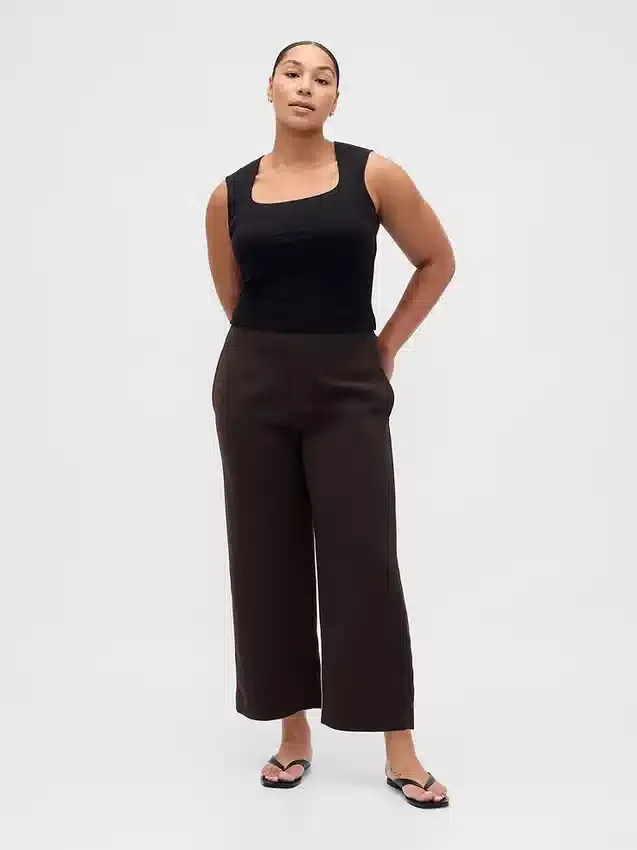Pantalones rectos de cintura alta de sarga hasta el tobillo